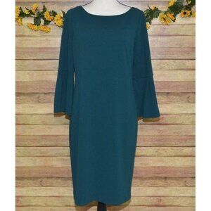 Eliza J Ladies 10 Green Sheath Midi Dress Bell Sleeves Stretch Career Night Out